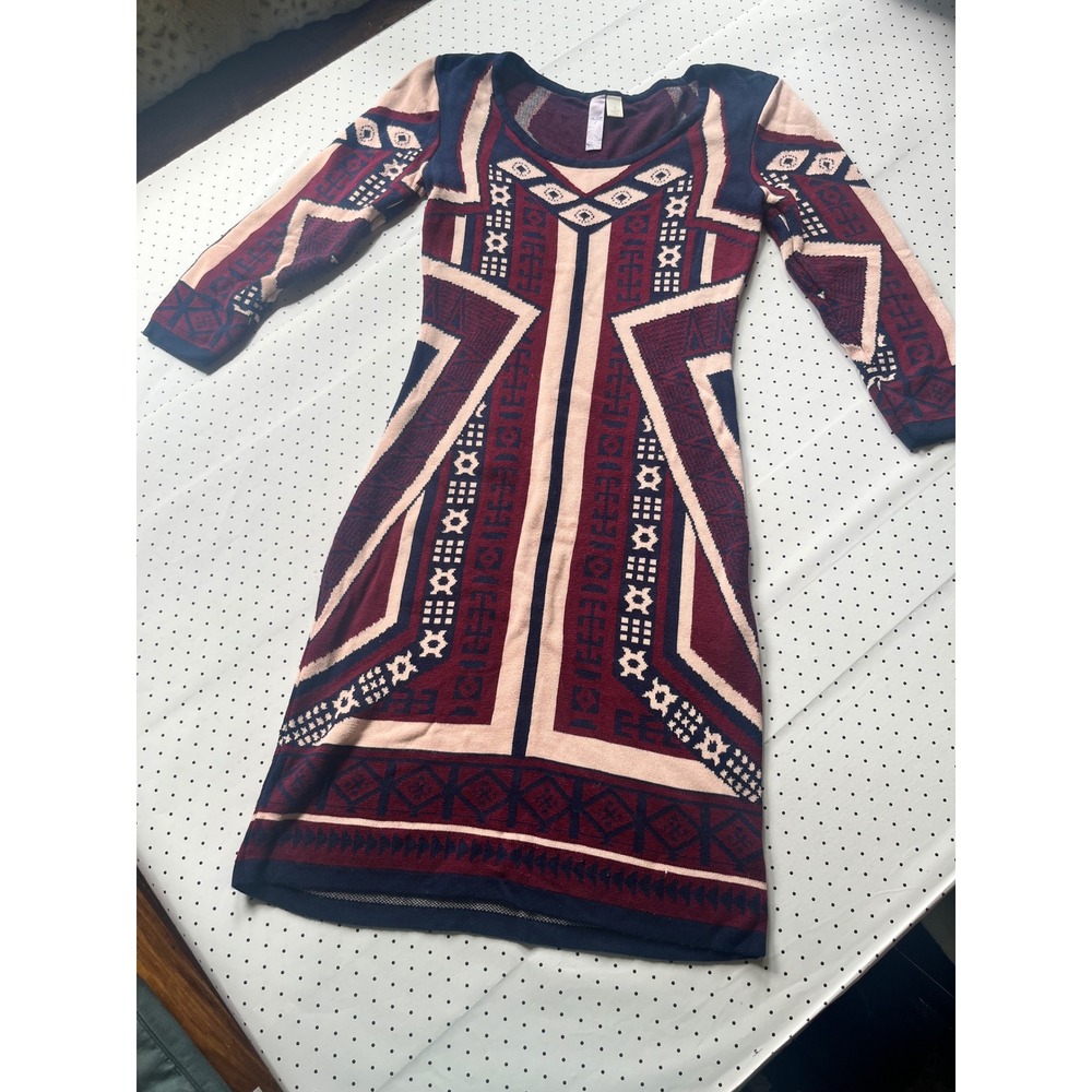 Alya Womens Geometric Intarsia Knit Long Sleeve Sweater Dress Burgundy Navy S - Picture 2 of 8